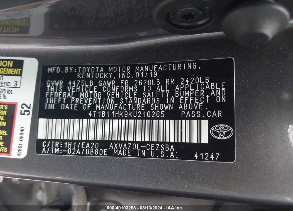 2019 TOYOTA CAMRY SE VIN: 4T1B11HK9KU210265