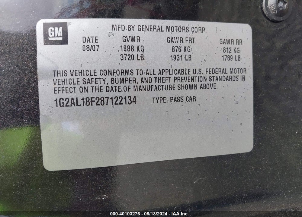 2008 PONTIAC G5 VIN: 1G2AL18F287122134