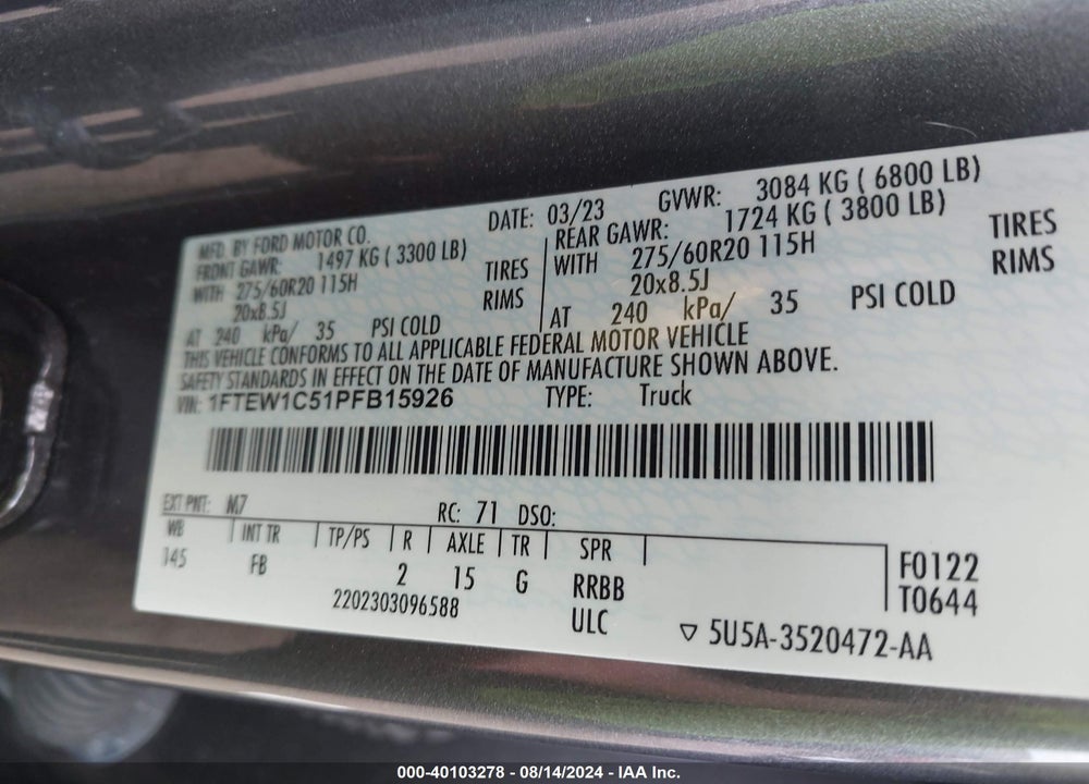 2023 FORD F-150 XLT VIN: 1FTEW1C51PFB15926