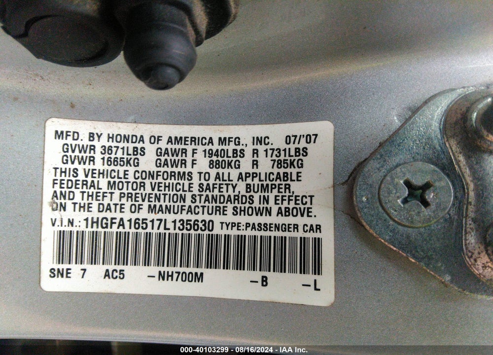 2007 HONDA CIVIC LX VIN: 1HGFA16517L135630