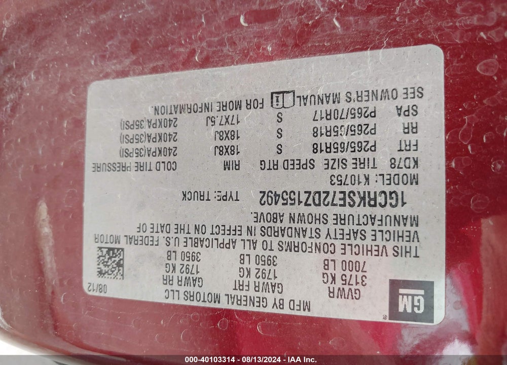2013 CHEVROLET SILVERADO 1500 LT VIN: 1GCRKSE72DZ155492