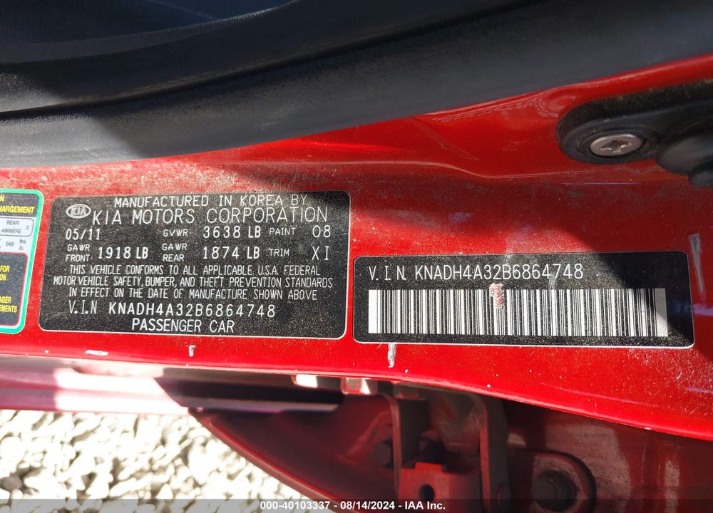 2011 KIA RIO LX VIN: KNADH4A32B6864748