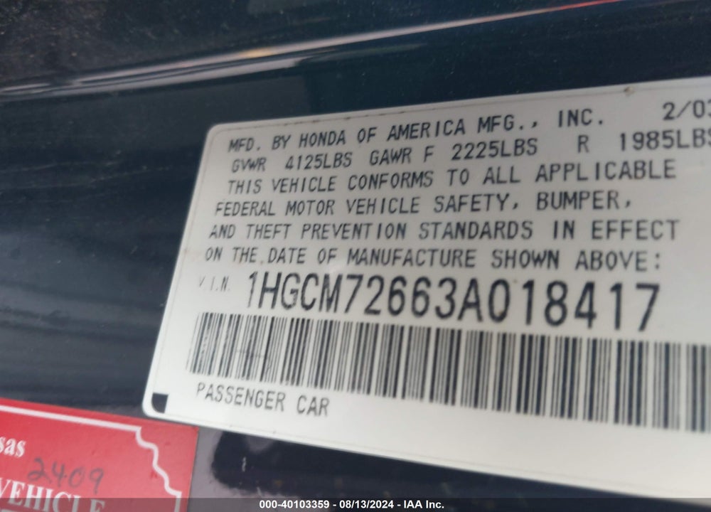 2003 HONDA ACCORD 2.4 EX VIN: 1HGCM72663A018417