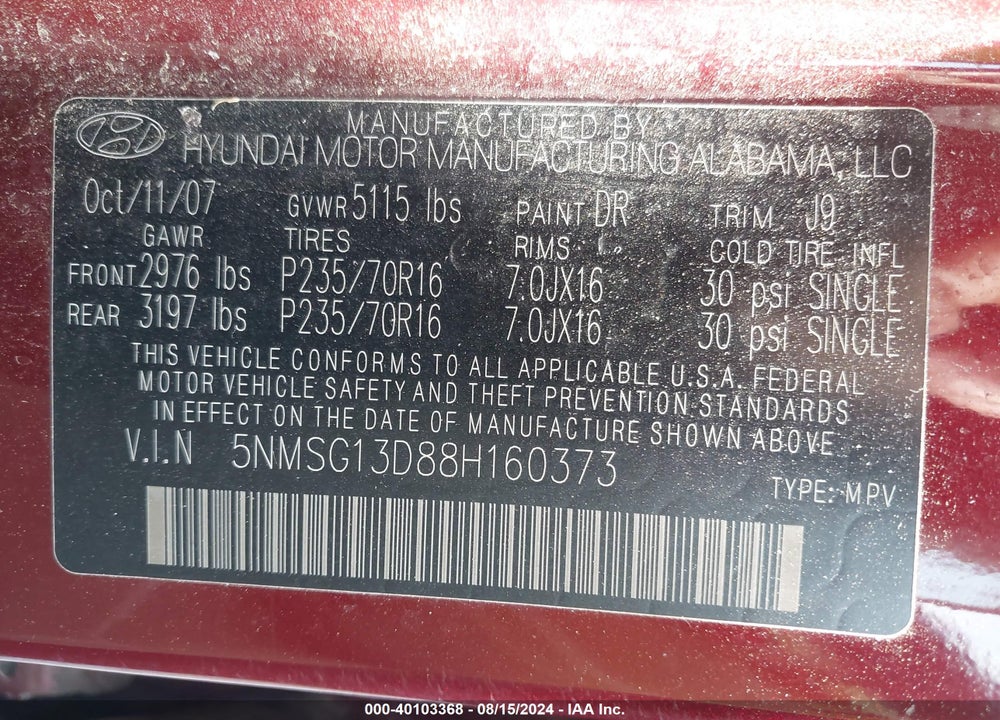 2008 HYUNDAI SANTA FE GLS VIN: 5NMSG13D88H160373