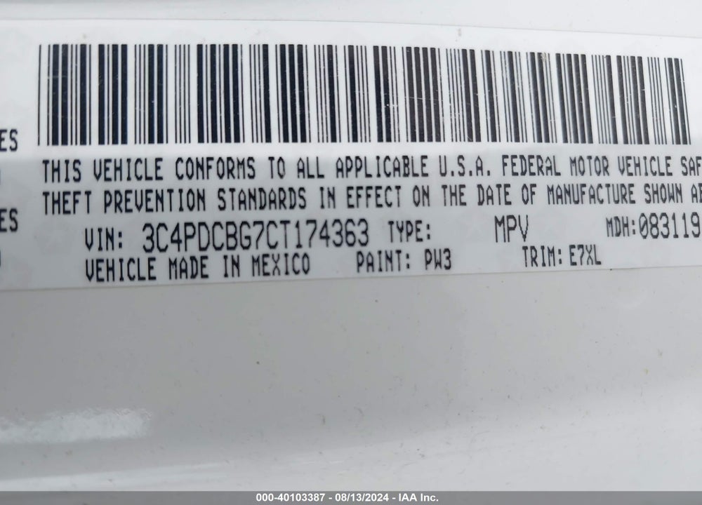 2012 DODGE JOURNEY SXT VIN: 3C4PDCBG7CT174363