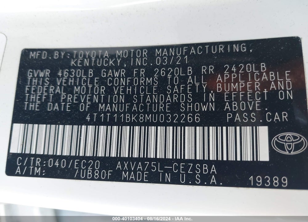 2021 TOYOTA CAMRY SE NIGHTSHADE EDITION AWD VIN: 4T1T11BK8MU032266