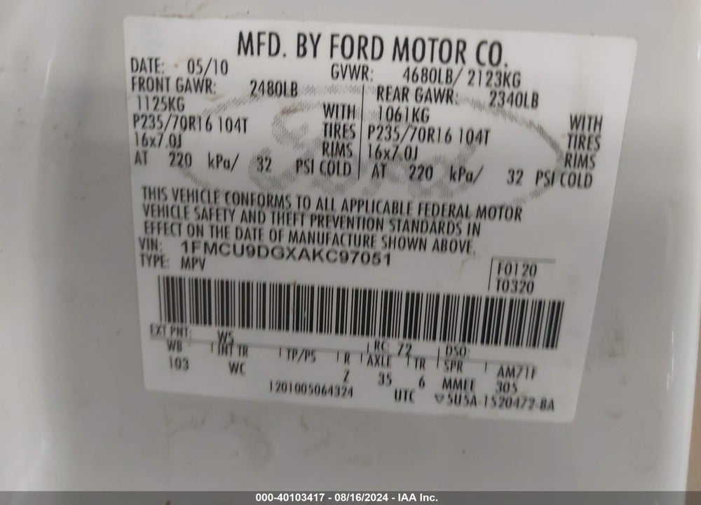 2010 FORD ESCAPE VIN: 1FMCU9DGXAKC97051