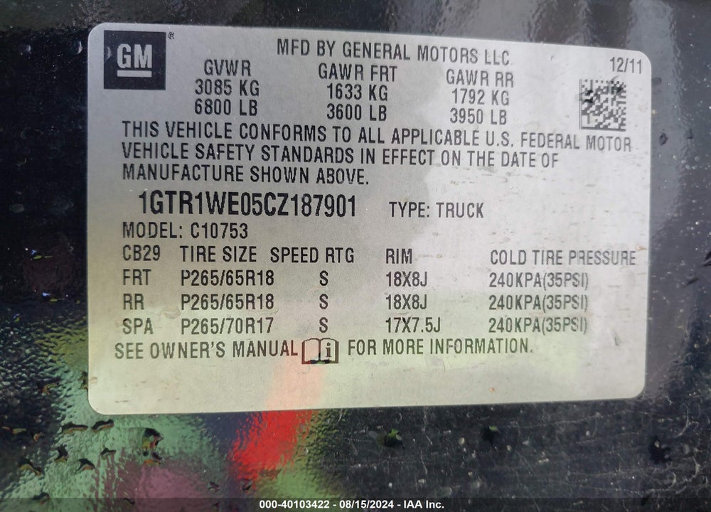 2012 GMC SIERRA 1500 SLT VIN: 1GTR1WE05CZ187901