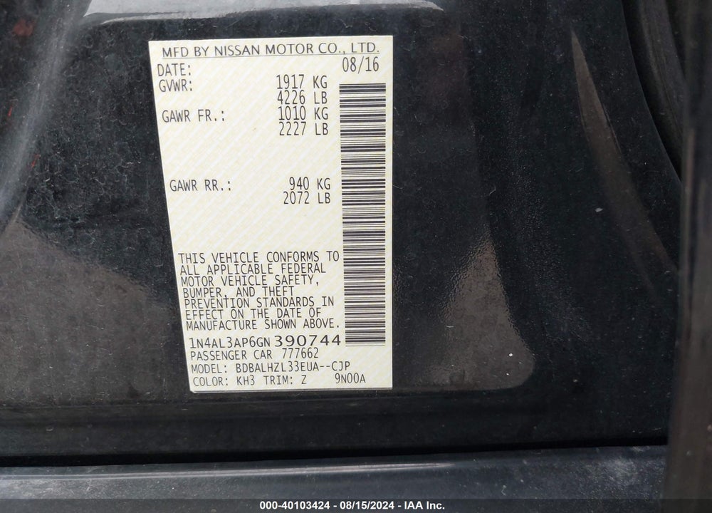 2016 NISSAN ALTIMA 2.5 SR VIN: 1N4AL3AP6GN390744