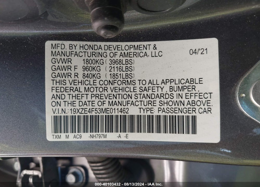 2021 HONDA INSIGHT EX VIN: 19XZE4F53ME011462