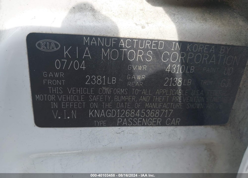 2004 KIA OPTIMA EX/LX VIN: KNAGD126845368717