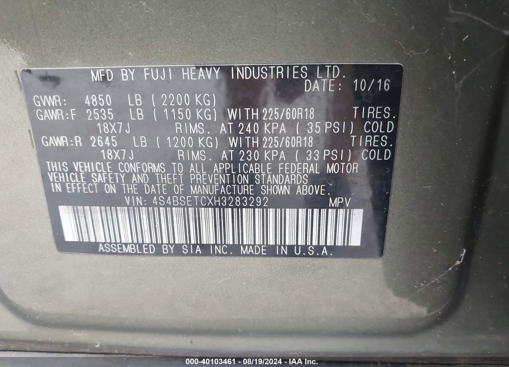 2017 SUBARU OUTBACK 3.6R TOURING VIN: 4S4BSETCXH3283292