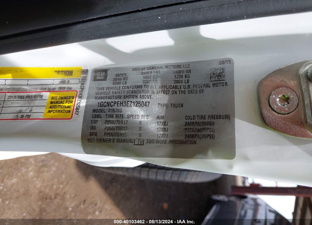 2014 CHEVROLET SILVERADO 1500 WORK TRUCK 1WT VIN: 1GCNCPEH3EZ125047