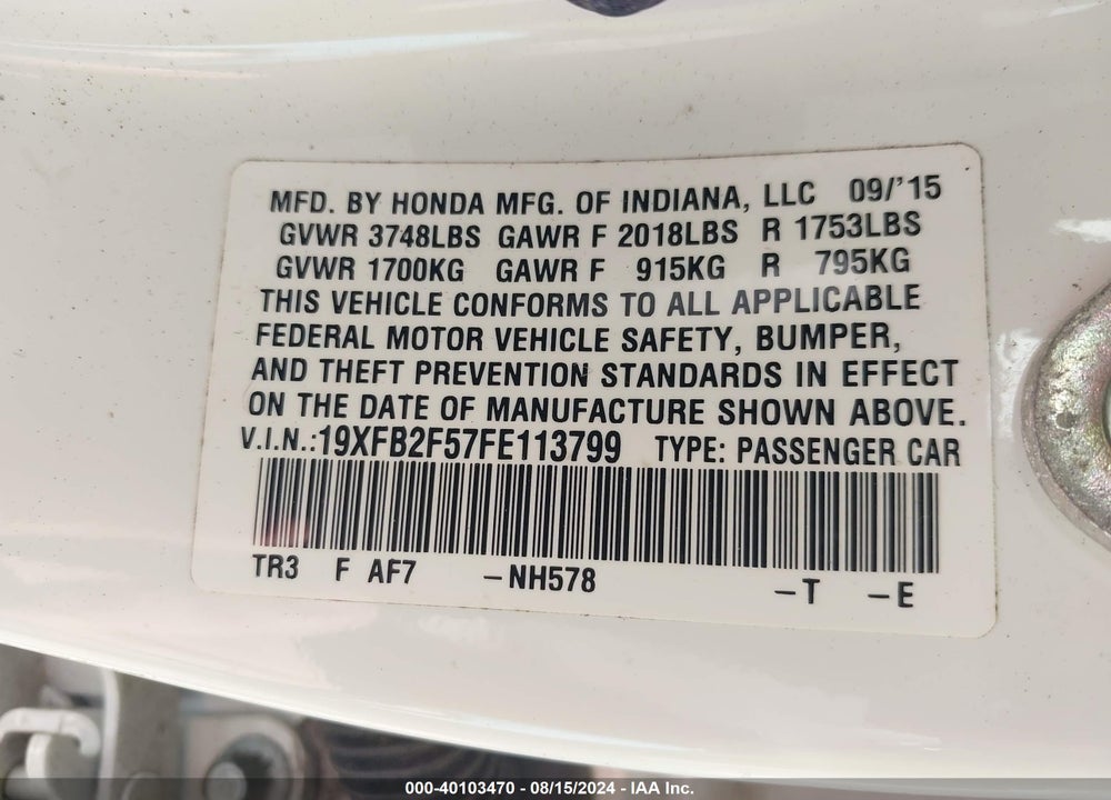 2015 HONDA CIVIC LX VIN: 19XFB2F57FE113799