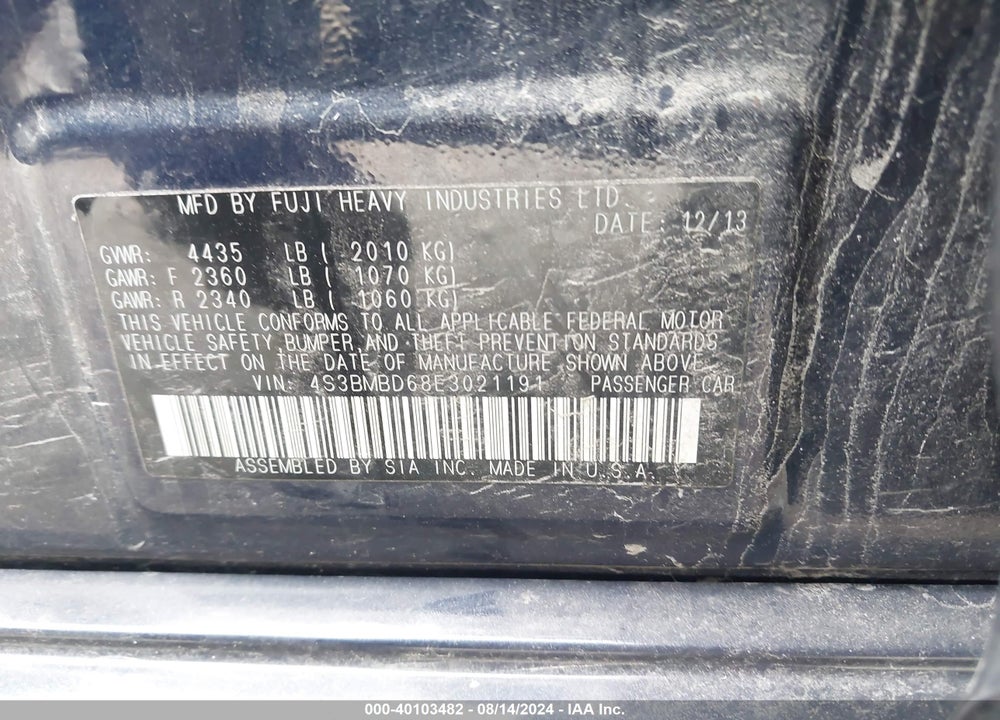 2014 SUBARU LEGACY 2.5I PREMIUM VIN: 4S3BMBD68E3021191