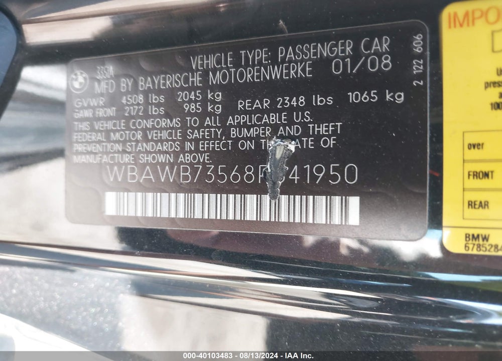 2008 BMW 335I VIN: WBAWB73568P041950