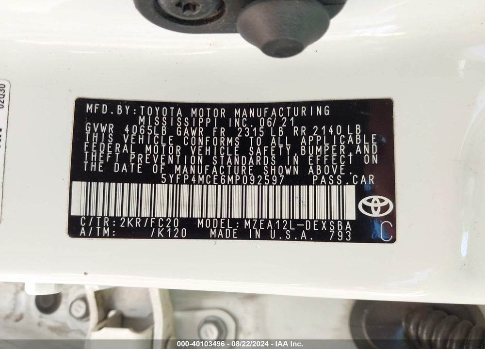 2021 TOYOTA COROLLA SE VIN: 5YFP4MCE6MP092597