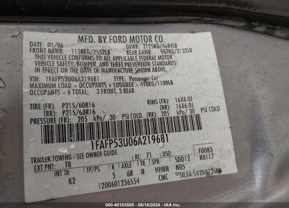 2006 FORD TAURUS SE VIN: 1FAFP53U06A219681