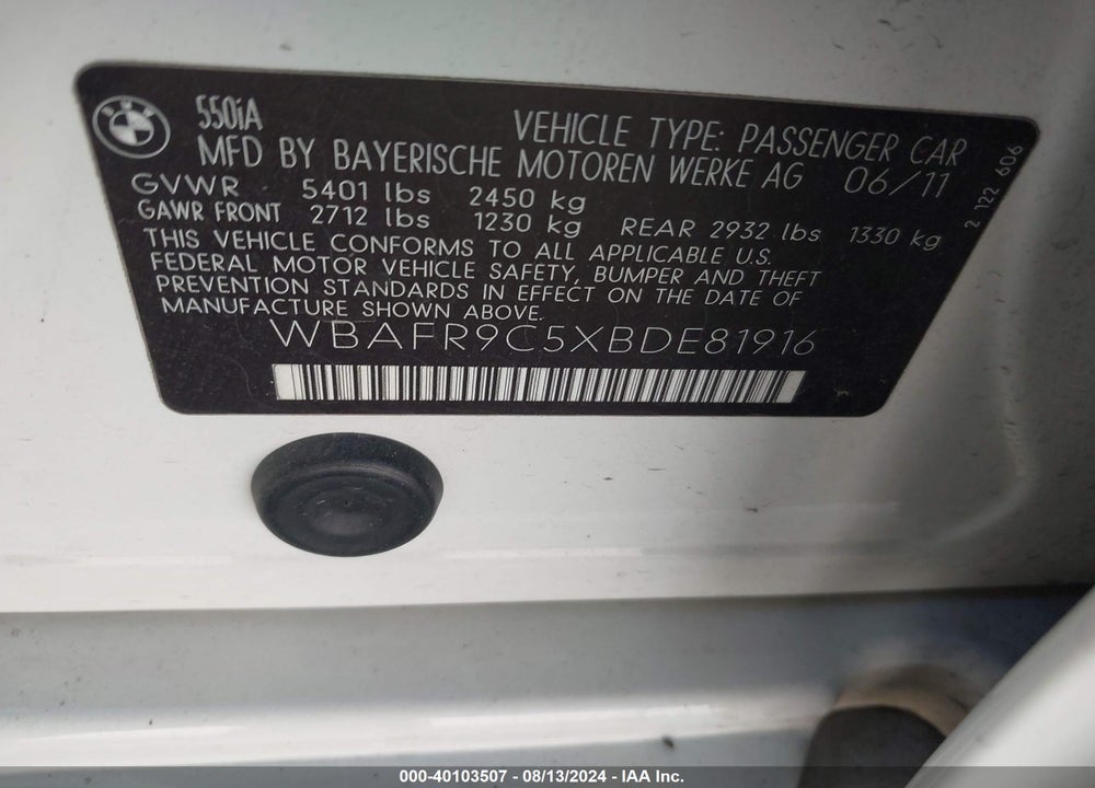 2011 BMW 550I VIN: WBAFR9C5XBDE81916