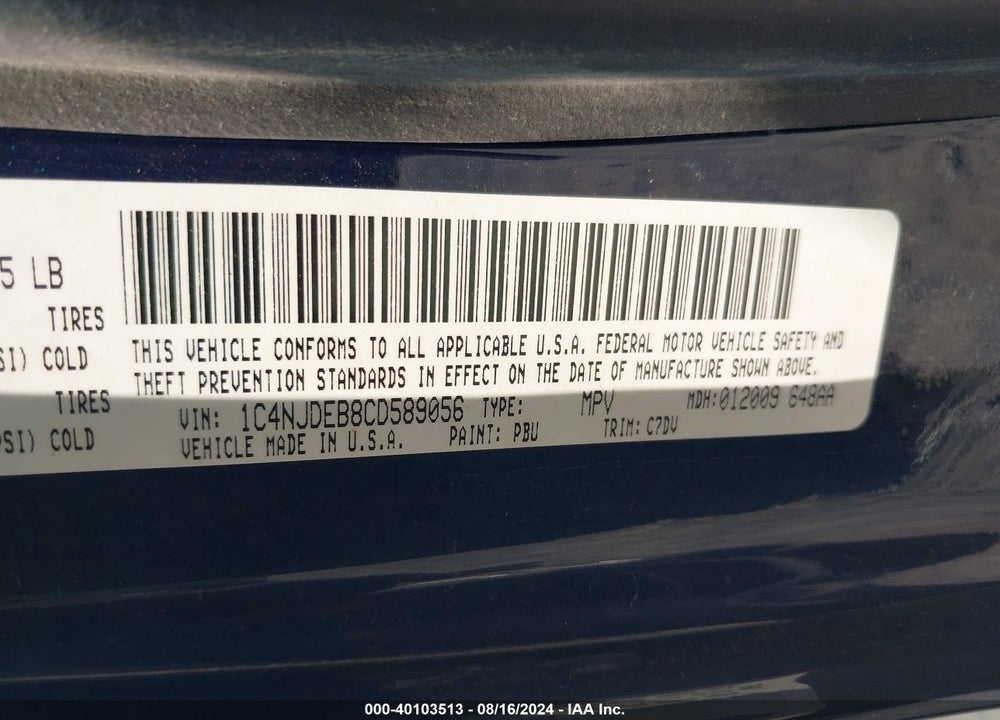 2012 JEEP COMPASS LATITUDE VIN: 1C4NJDEB8CD589056