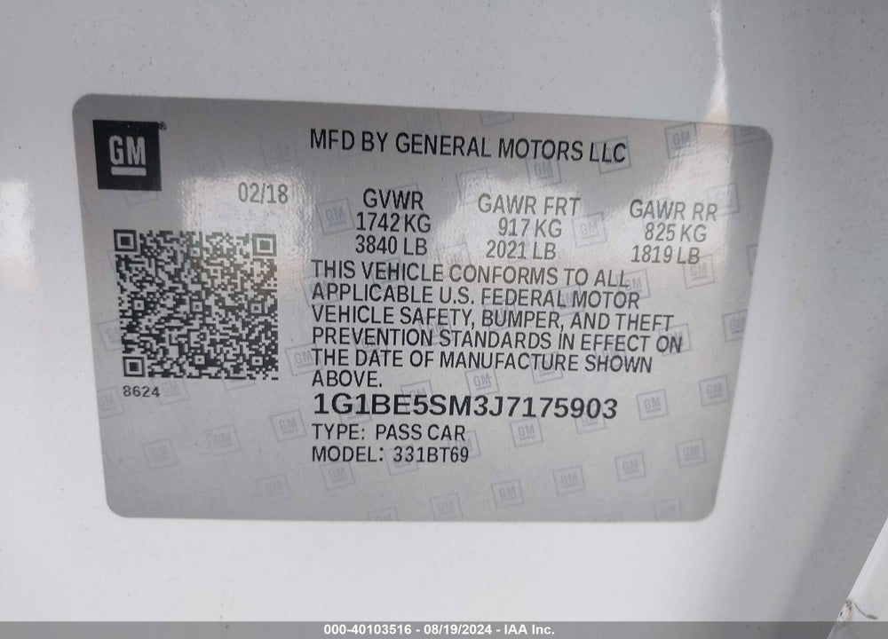 2018 CHEVROLET CRUZE LT AUTO VIN: 1G1BE5SM3J7175903