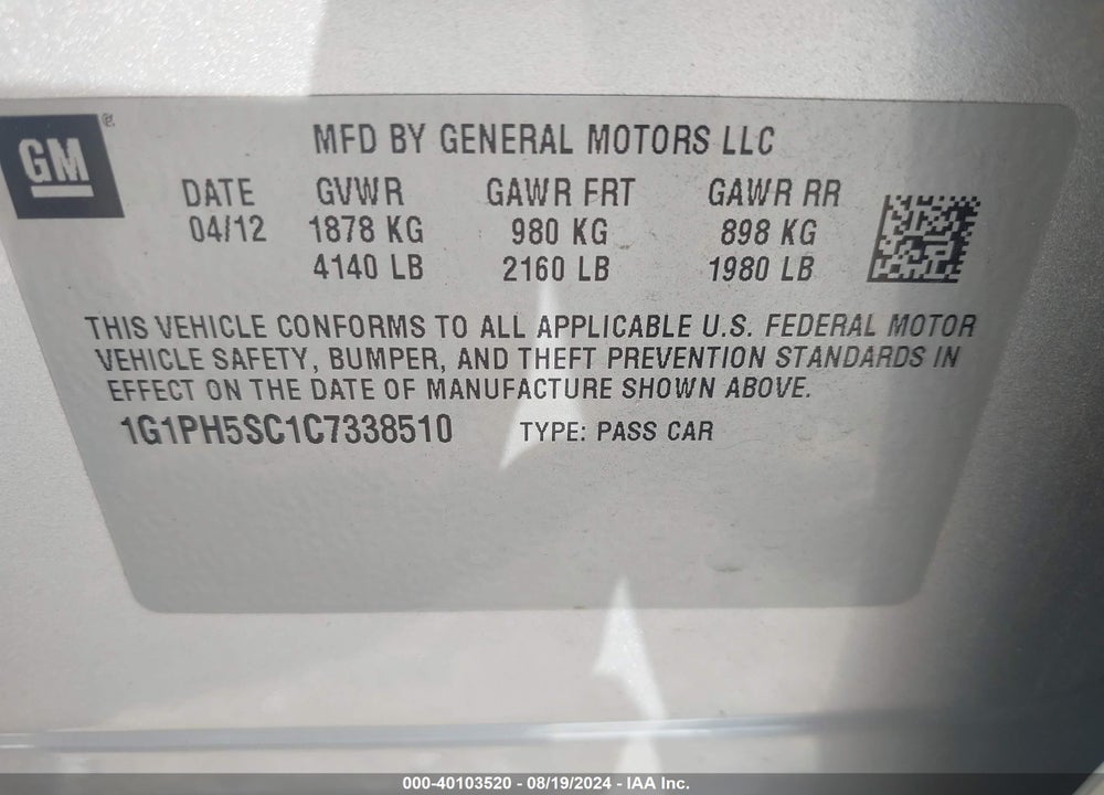 2012 CHEVROLET CRUZE LTZ VIN: 1G1PH5SC1C7338510