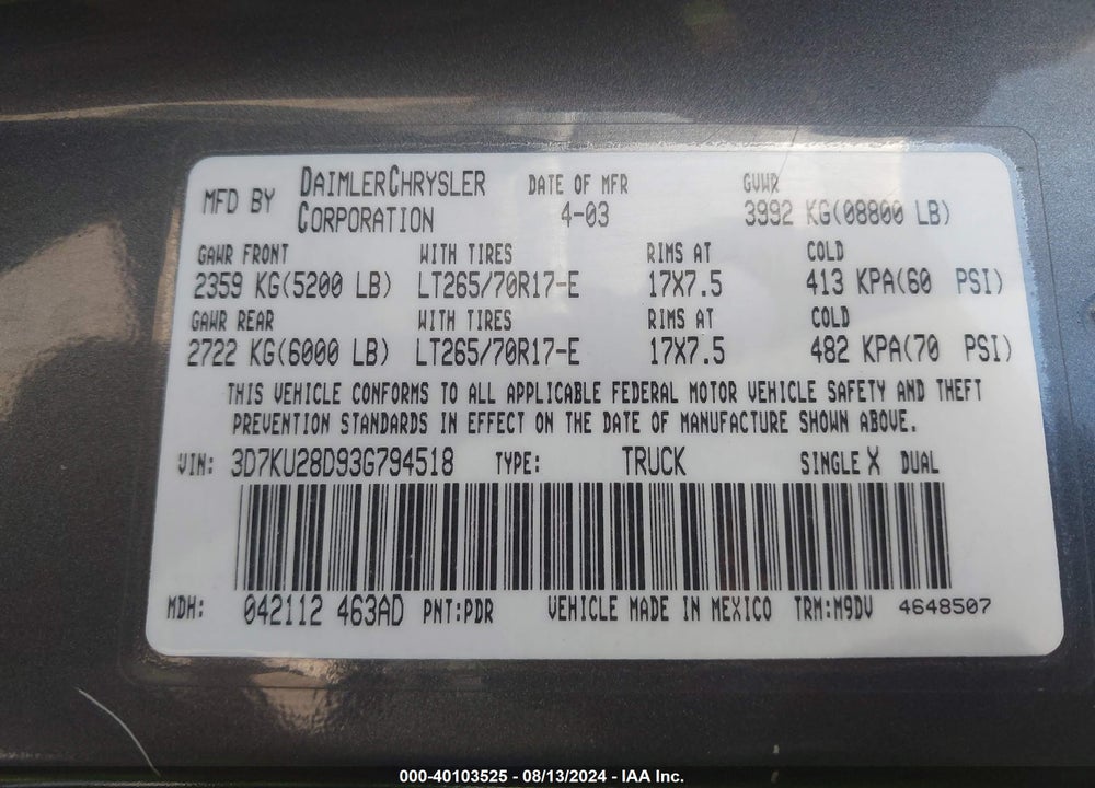 2003 DODGE RAM 2500 SLT/LARAMIE/ST VIN: 3D7KU28D93G794518