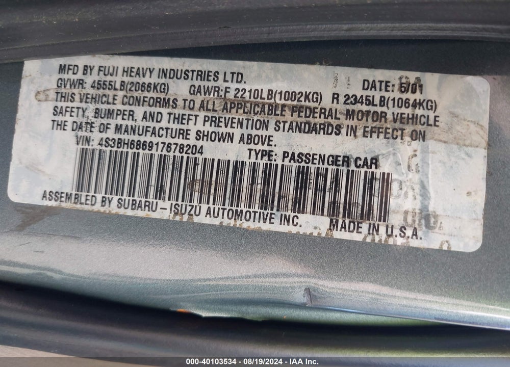2001 SUBARU OUTBACK LIMITED VIN: 4S3BH686917678204