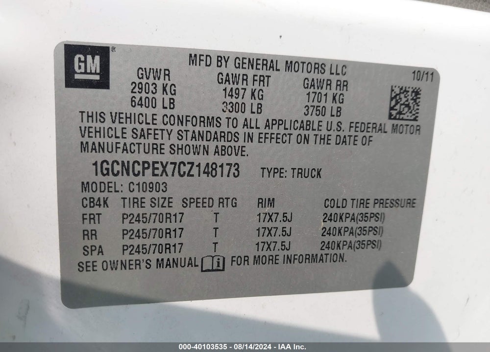 2012 CHEVROLET SILVERADO 1500 WORK TRUCK VIN: 1GCNCPEX7CZ148173