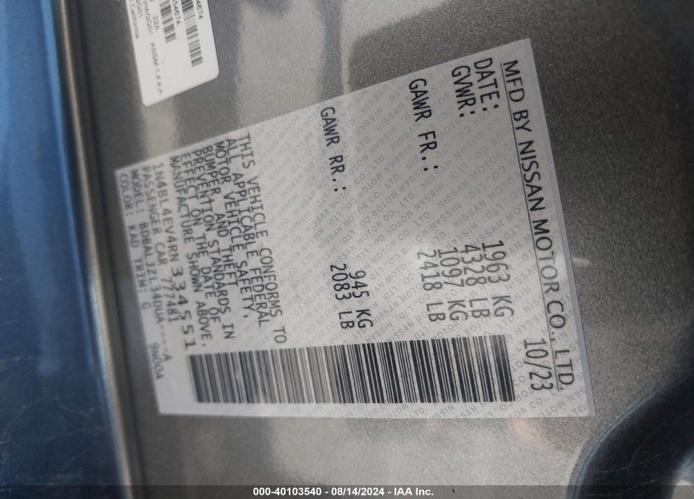 2024 NISSAN ALTIMA SL FWD VIN: 1N4BL4EV4RN334551