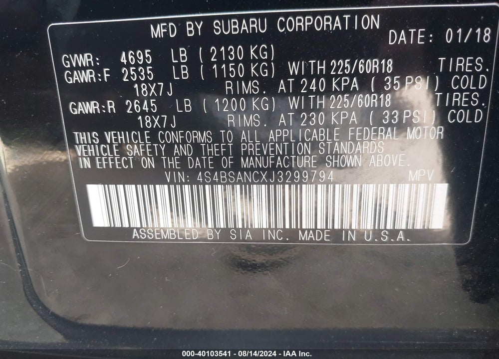 2018 SUBARU OUTBACK 2.5I LIMITED VIN: 4S4BSANCXJ3299794
