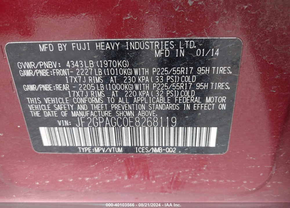 2014 SUBARU XV CROSSTREK 2.0I LIMITED VIN: JF2GPAGC0E8268119