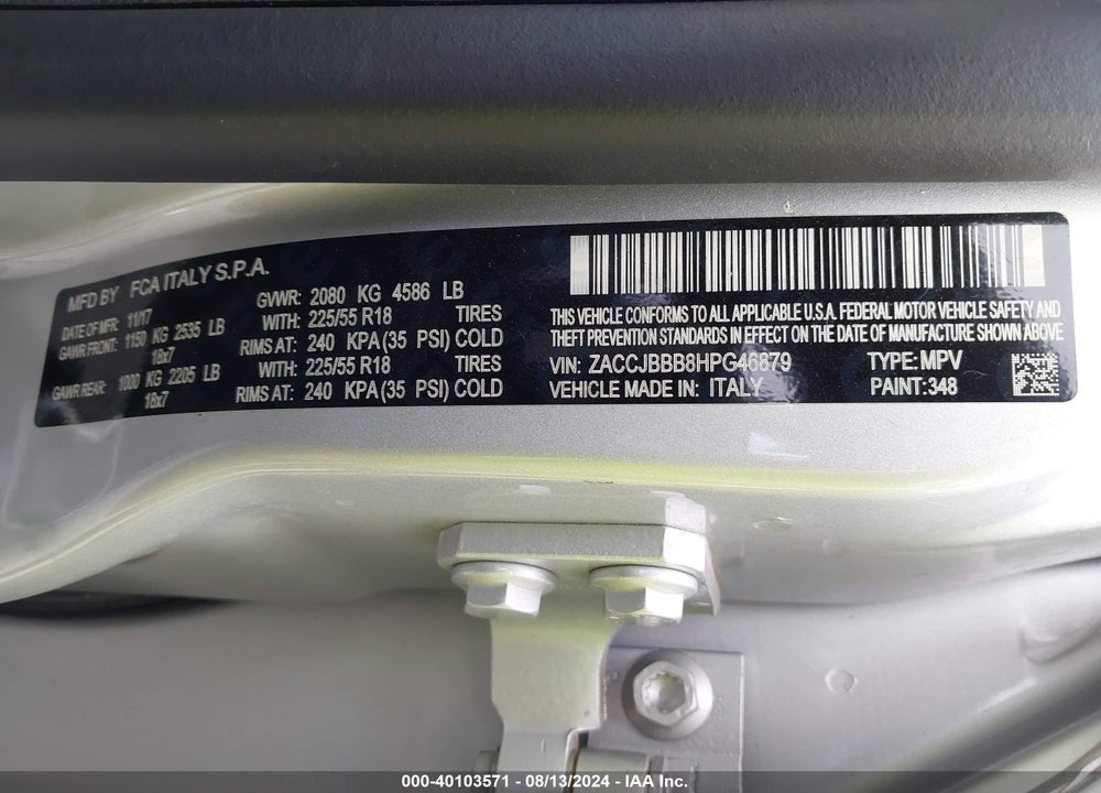 2017 JEEP RENEGADE ALTITUDE 4X4 VIN: ZACCJBBB8HPG46879