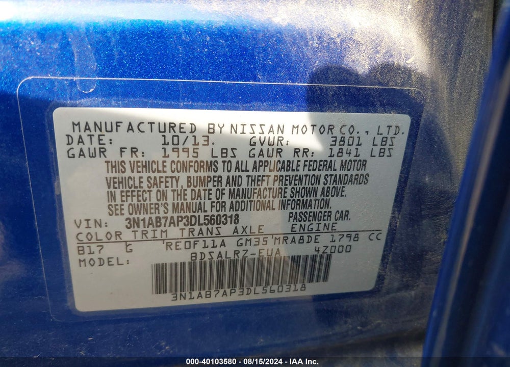 2013 NISSAN SENTRA SR VIN: 3N1AB7AP3DL560318