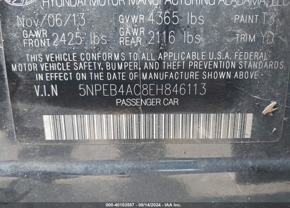 2014 HYUNDAI SONATA GLS VIN: 5NPEB4AC8EH846113