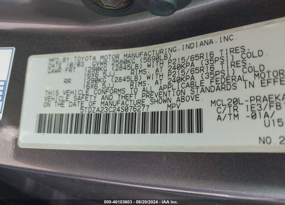 2004 TOYOTA SIENNA LE VIN: 5TDZA23C24S076277