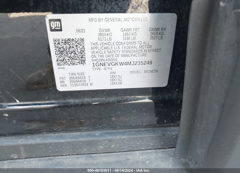 2021 CHEVROLET TRAVERSE AWD LT CLOTH VIN: 1GNEVGKW4MJ235249