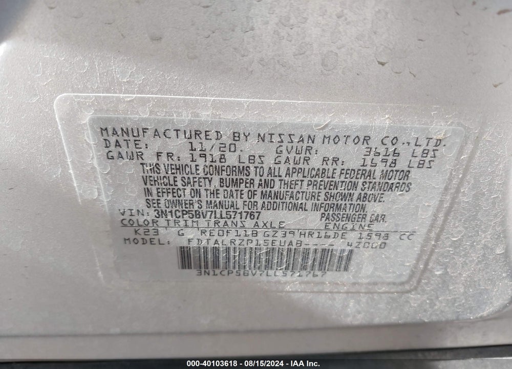 2020 NISSAN KICKS S XTRONIC CVT VIN: 3N1CP5BV7LL571767