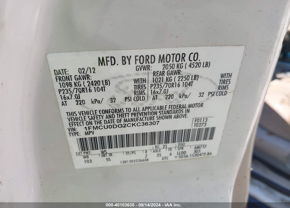 2012 FORD ESCAPE XLT VIN: 1FMCU0DG2CKC36307