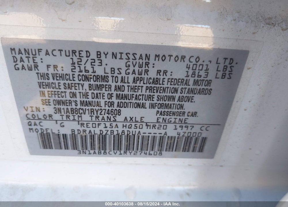 2024 NISSAN SENTRA SV XTRONIC CVT VIN: 3N1AB8CV1RY274608