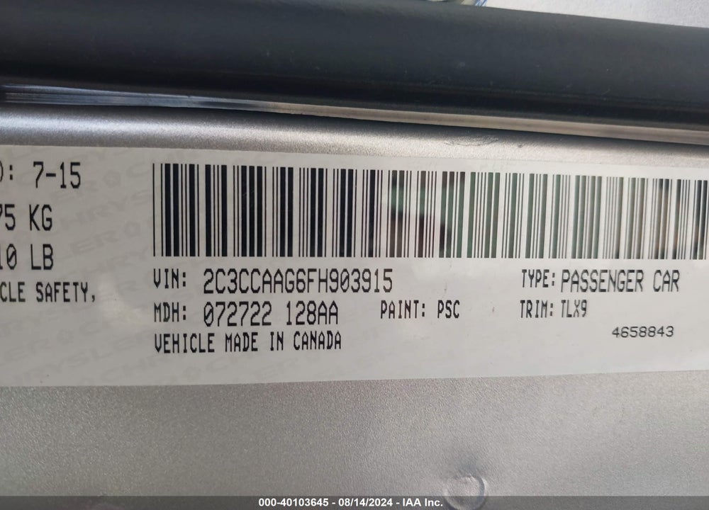 2015 CHRYSLER 300 LIMITED VIN: 2C3CCAAG6FH903915