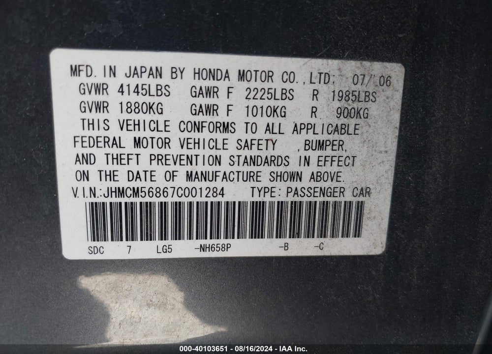 2007 HONDA ACCORD 2.4 EX VIN: JHMCM56867C001284