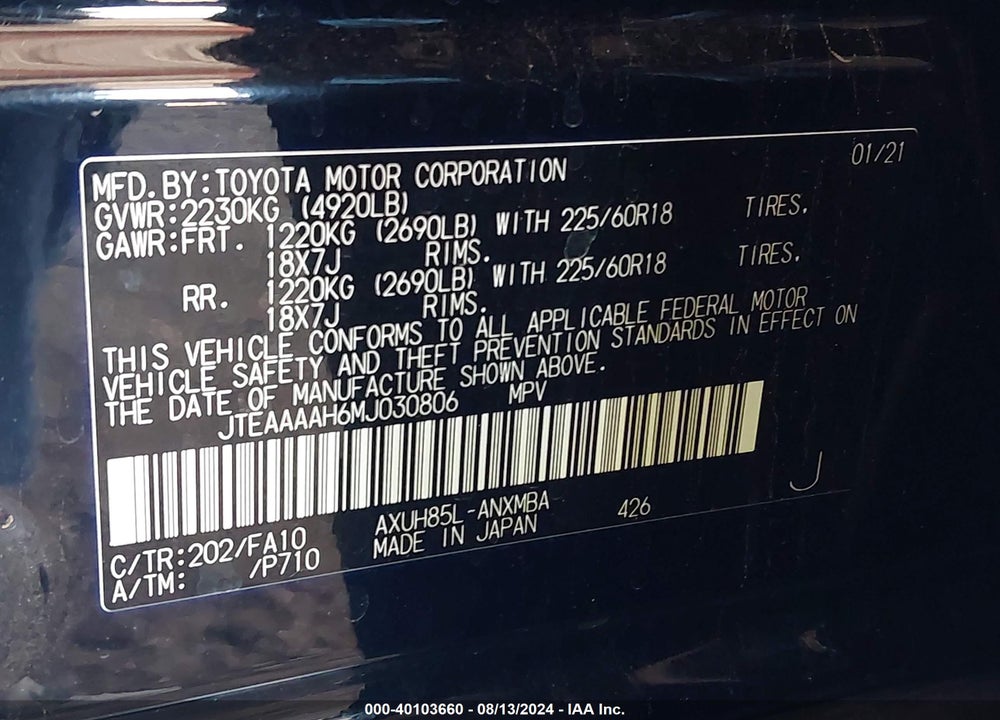 2021 TOYOTA VENZA LE VIN: JTEAAAAH6MJ030806