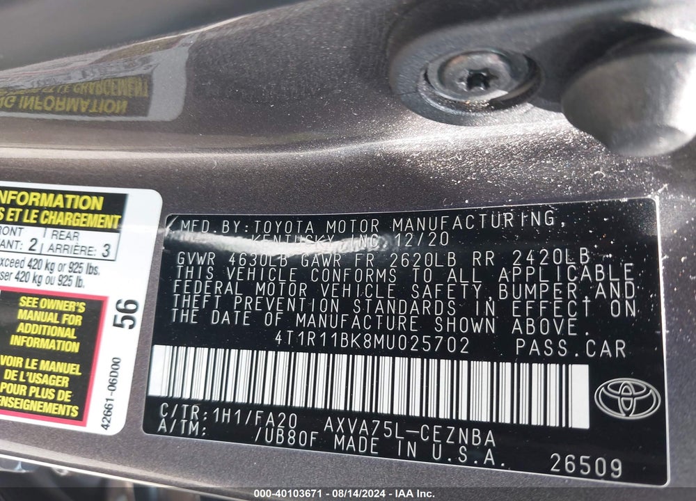 2021 TOYOTA CAMRY LE AWD VIN: 4T1R11BK8MU025702