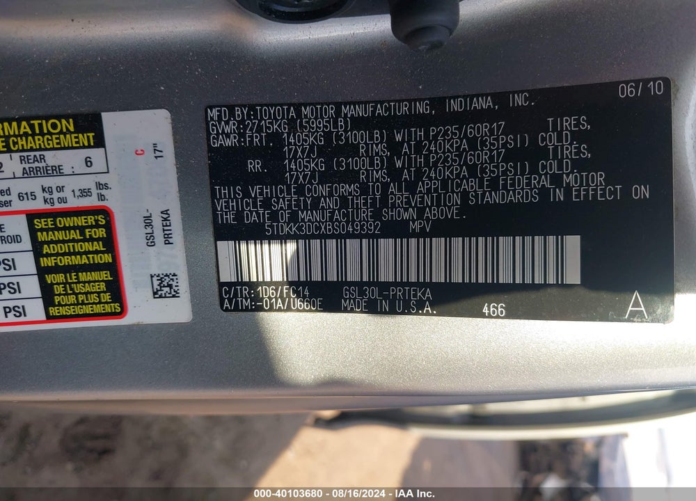 2011 TOYOTA SIENNA LE V6 VIN: 5TDKK3DCXBS049392