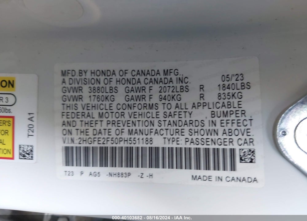 2023 HONDA CIVIC SPORT VIN: 2HGFE2F50PH551188