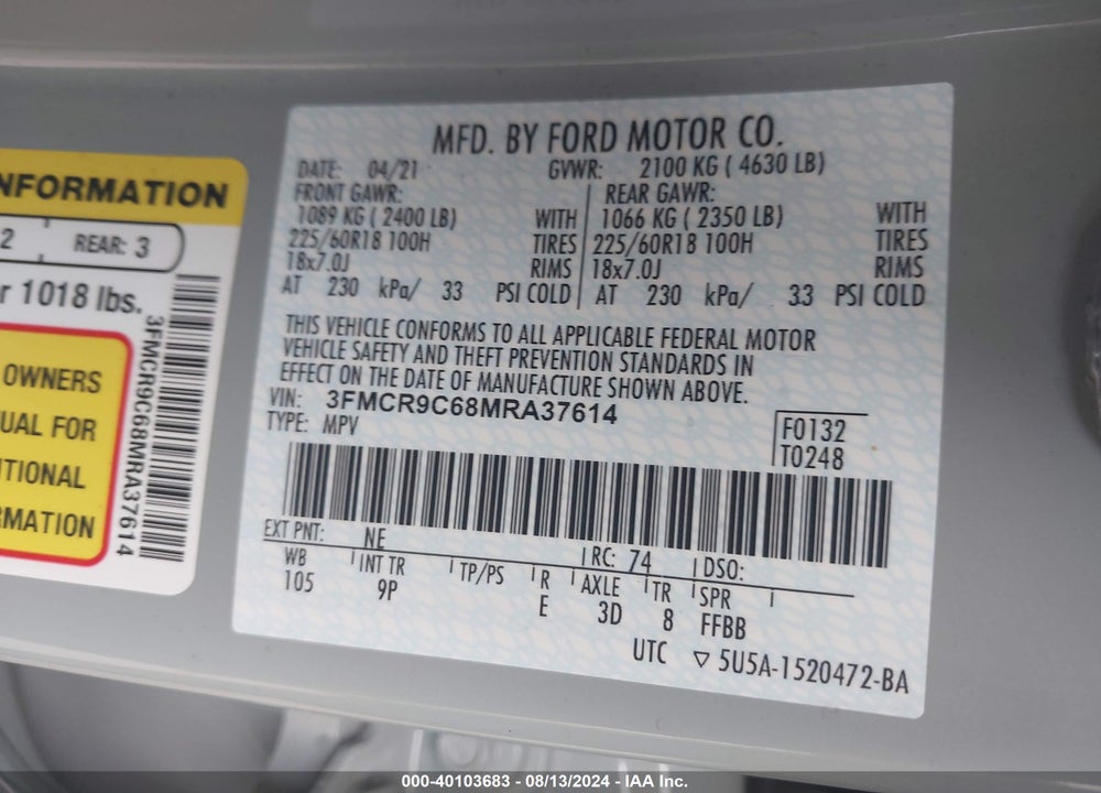 2021 FORD BRONCO SPORT OUTER BANKS VIN: 3FMCR9C68MRA37614