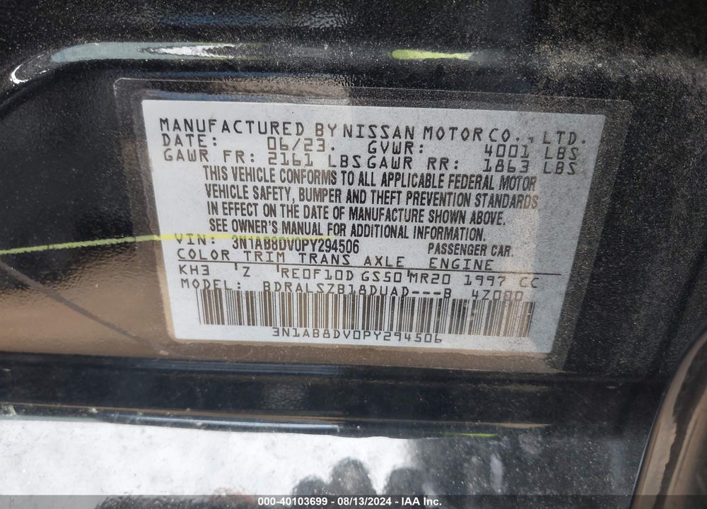 2023 NISSAN SENTRA SR XTRONIC CVT VIN: 3N1AB8DV0PY294506