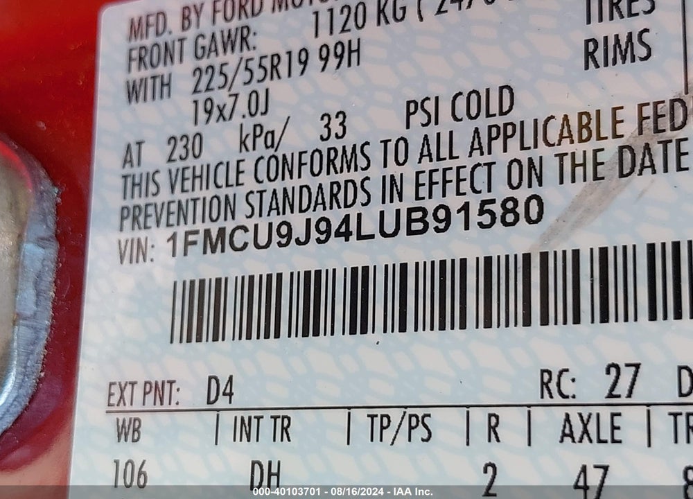 2020 FORD ESCAPE TITANIUM VIN: 1FMCU9J94LUB91580
