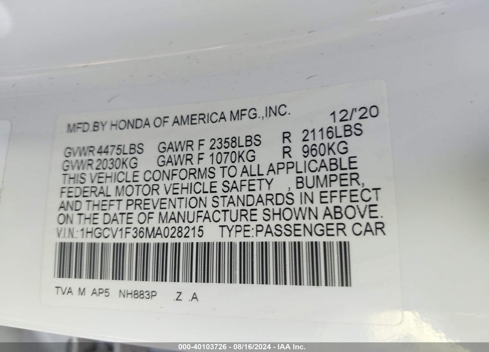 2021 HONDA ACCORD SPORT VIN: 1HGCV1F36MA028215